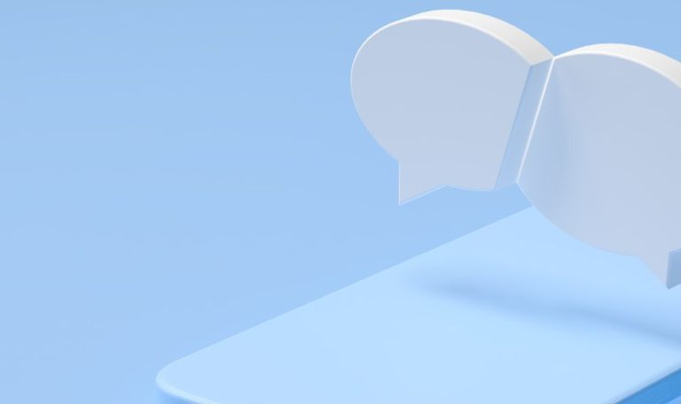 A 3D rendering of a smartphone with chat bubbles, symbolizing the use of AI-powered chatbots in mental health support and therapy services.