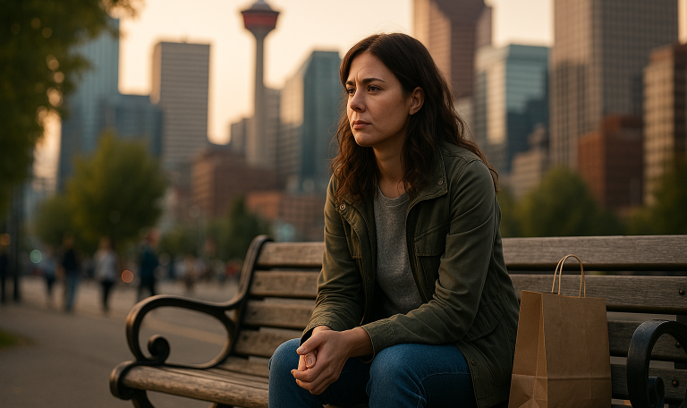 Young woman sits pensively on a park bench in downtown Calgary during sunset, with Calgary Tower visible in the background and a brown shopping bag beside her.