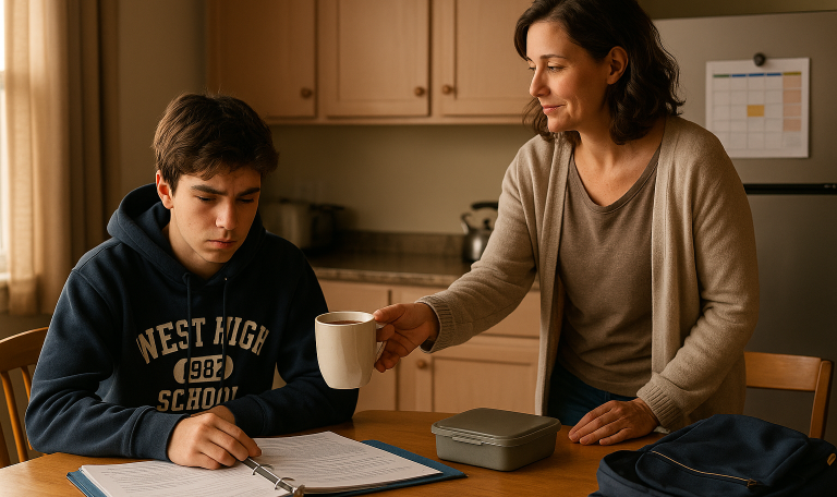 Mother offers tea to anxious teen studying at kitchen table during school morning
