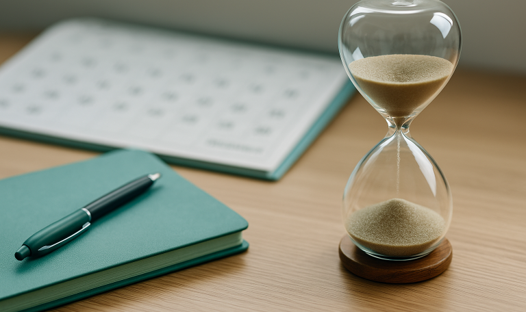 Hourglass with sand, green notebook, and pen on a wooden desk with a blurred calendar in the background.