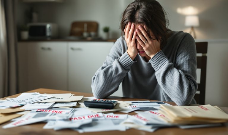 Hyper-realistic photograph of distressed woman with hands covering half her face in frustration, sitting at table covered with past due bills and overdue notices