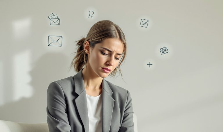 Worried professional woman in a grey blazer, looking down, with floating email and task icons suggesting work stress.