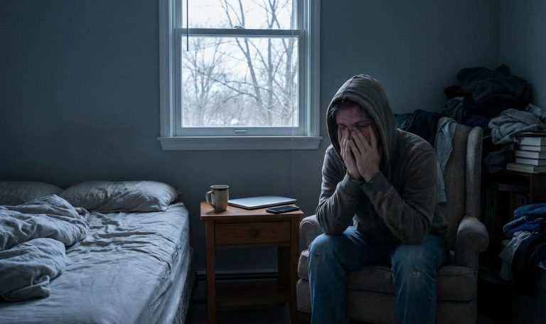 Person in gray hoodie sitting exhausted on edge of unmade bed with head in hands during dark winter afternoon, cold blue-gray light from window showing bare trees outside
